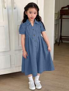 Dazy Kids Girls' Casual Turndown Collar Washed Denim Solid Color Dress, Korean Style Versatile - Blue - View 3