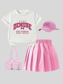 两件套休闲时尚夏季标语印花短袖上衣和迷你裙，白色T恤和粉色百褶裙 - 彩色 - 查看 2