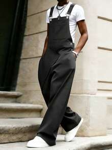 Manfinity Roghcode 男士休闲黑色背带连体裤，时尚百搭背带裤，春夏皆宜，夏季，度假，复古风，外出，派对，节日，送男友礼物，健身，春夏皆宜，夏季，度假，复古风，外出，派对，节日，送男友礼物，健身 - 黑色 - 查看 4