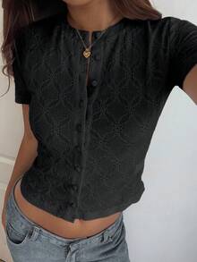 DAZY 女士黑色开衫，商务休闲时尚街头风镂空提花短袖T恤，适合秋、春、夏 Y2K 风格 - 黑色 - 查看 3