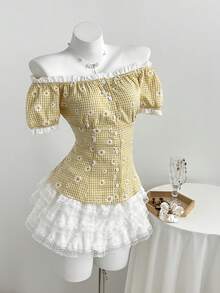 Elamini Women's Summer Minimalist Sexy Daisy Print Off-Shoulder Ruffle Trim Short Sleeve Blouse - Pale Yellow - View 6