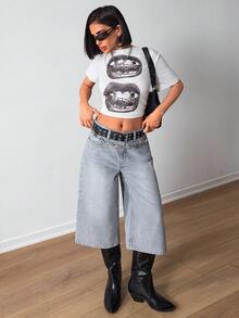 EURMUSE Pantaloncini di jeans a vita bassa, lavaggio chiaro, gamba ampia per l'estate - Grigio - Visualizzare 3