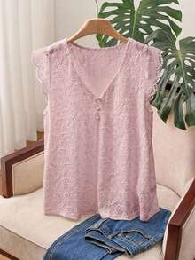 SHEIN Frenchy 大码纯色蕾丝边简约优雅T恤，夏季短袖T恤，度假必备，夏季女装，休闲日常穿着 - 藕粉色 - 查看 1