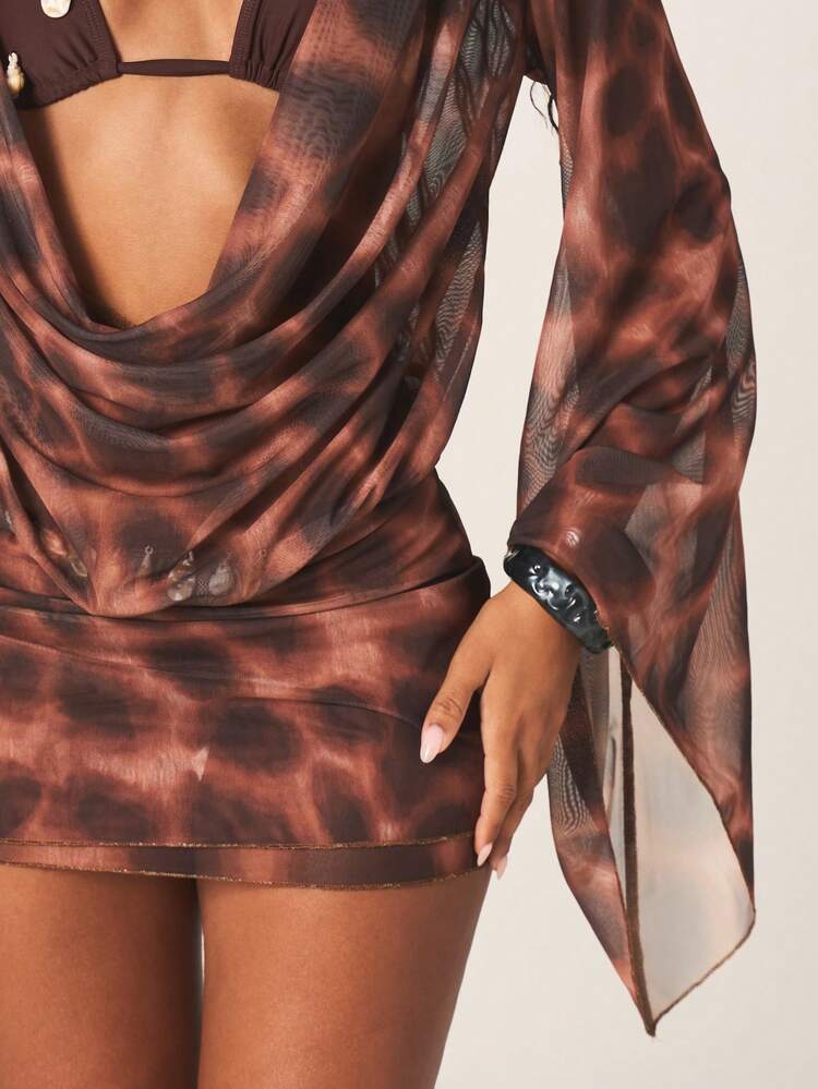 MISSGUIDED Sheer Mesh Leopard Print Long Sleeve Cowl Neck Mini Dress With Flowing Drape Design