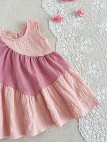SHEIN Vestido Rosa de Retalhos em 3 Camadas para Bebês Meninas, Saia de Bolo com Bainha Franzida Contrastante, Vestido Casual de Princesa Fofo e da Moda - Multicolorido - Visão 9