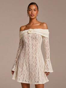 COSMINA 女士优雅杏色喇叭袖露肩蕾丝A字迷你连衣裙，休闲时尚派对假日连衣裙 - 杏色 - 查看 8