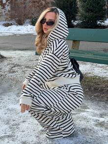 Jeta Ari 女士条纹连帽衫和宽松裤子两件套，休闲风格，秋季 - 米色 - 查看 4