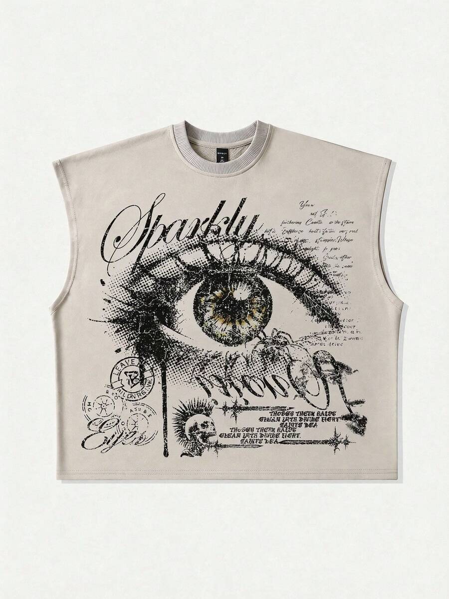 ROMWE MEN Camiseta de tirantes holgada con gráfico de ojo para hombre, de verano - Gris Claro - Ver 1