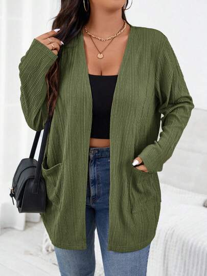 SHEIN Essnce Plus Size Women's Autumn New Fashion Fall Long Sleeve Dual Pocket Open Front Coat, Business