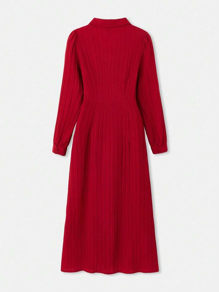 Red Jaquard Stripe Midi Dress With Button Front Detail And Collar Vintage Style Autumn Winter