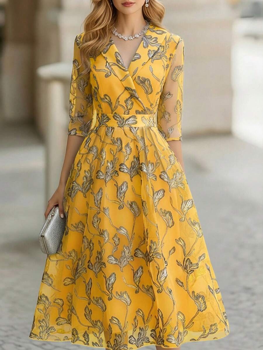 EMERY ROSE Golden Yellow Summer Elegant Holiday Wedding Guest Leaf Pattern Long Formal Dress,Van Gogh Modest Yellow Floral Wrap Tea Dress Brunch Outfits Women - Multicolor - View 1
