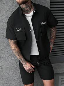 SLATEMANN Casual Shirt Set With Four-Button Design And Letter Print - Black - View 5