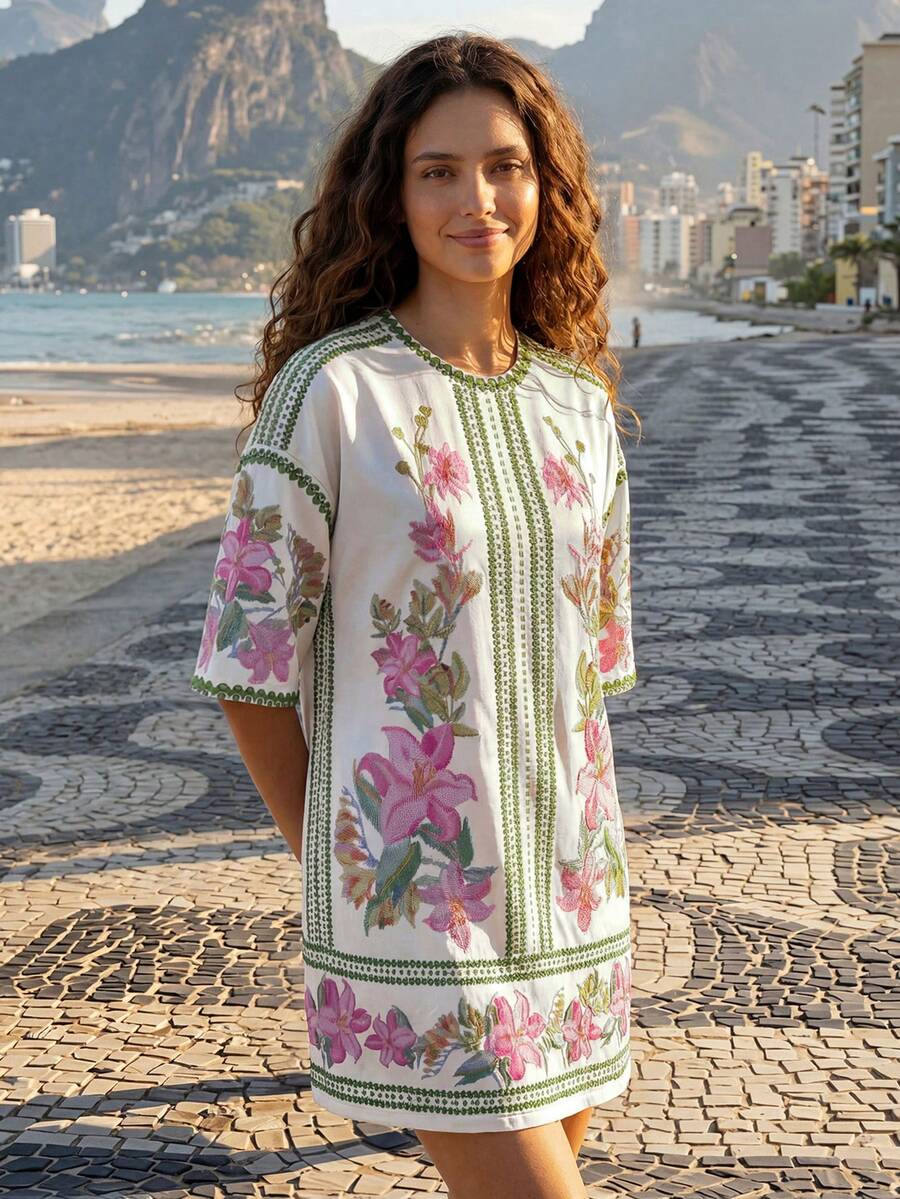 CAJUNI 热带度假风刺绣花朵粉色针织T恤迷你连衣裙 - 粉色 - 查看 1