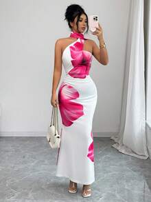 Elenzga Vestido elegante de cuello halter con estampado floral para ir al trabajo - Multicolor - Ver 5