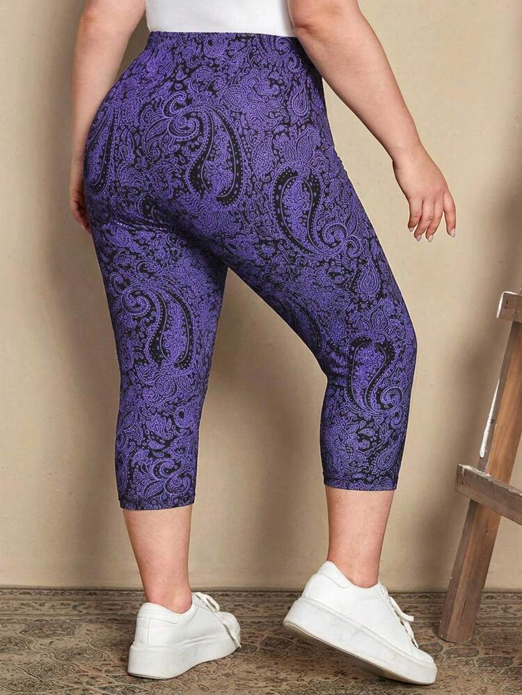 Plus Size Women Casual Paisley Print Cropped Leggings Beach Pants Summer Outfits Summer Clothes Spring Dress Spring Outfit Women Spring Clothing Beach Vacation Outfits For Women Vacation Dress Bohemian