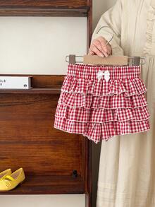 Young Girls Bow Decor Plaid Layered Ruffle Skirt Shorts Girl Red Checkered - Multicolor - View 8