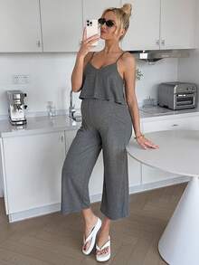 SHEIN Bộ áo liền quần cho con bú màu trơn, dây mảnh, dáng rộng, thoải mái. - Xám - Xem 7