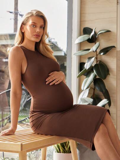 SHEIN Elegant Solid Color Sleeveless Fitted Maternity Dress For Summer