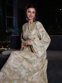 Al Najma 女士春夏梭织印花长袖系腰水钻领花卉A字优雅浪漫阿拉伯连衣裙 - 彩色 - 查看 7