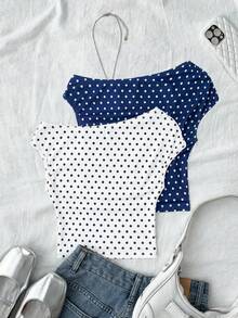 少女白色针织休闲简约波点印花不对称褶皱短款上衣，适合春夏穿着，休闲百搭，可打造个性造型，日常穿着 - 黑與白 - 查看 2
