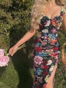 MOD Vestido con estampado floral, plisado, dobladillo asimétrico y abertura, vestidos en tonos pastel para mujer - Multicolor 2 - Ver 6