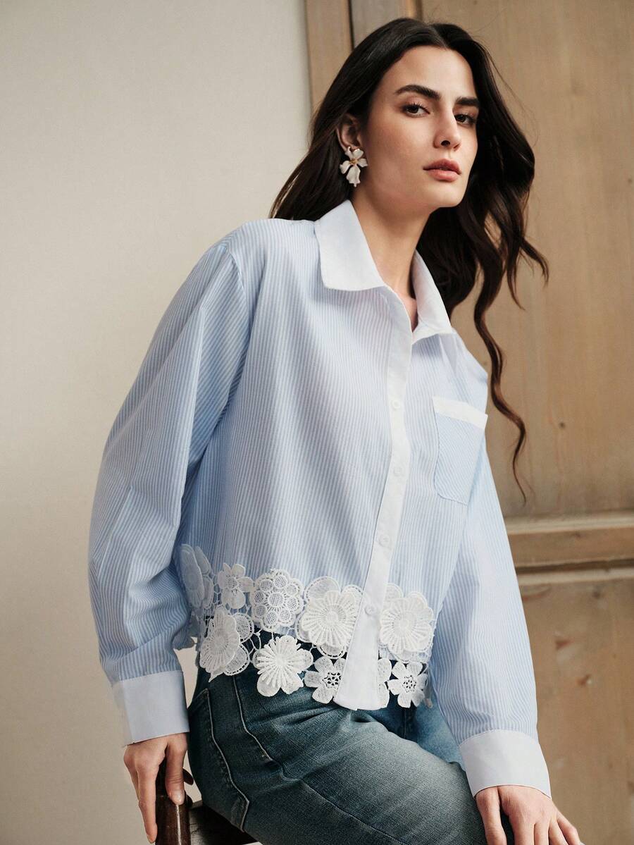 Anewsta 2026 Spring/Summer New Casual Versatile Commuting Lace Embroidered Women Long Sleeve Blouse - Blue and White - View 1