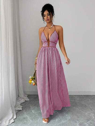 Elenzga Women's Striped Plunging Neck Sexy Halter Dress