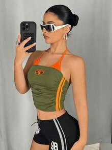 SHEIN ICON Y2K 女装外出休闲健身撞色系带露背无袖背心，运动风日常穿着 - 橘色 - 查看 5