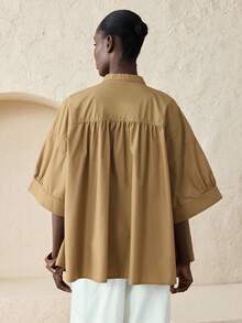 Ontre Camisa suelta de mujer 2026SS color caqui, verano, chic, para brunch, lisa, cuello en V, plisada, hombros caídos, estilo vintage elegante, casual de negocios, para oficina y desplazamientos urbanos - Camel - Ver 6
