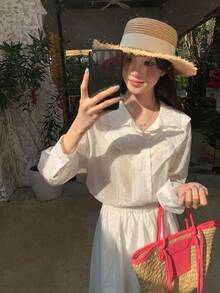 Women's Floral Embroidered Long Sleeve Shirt And Midi Skirt Casual 2-Piece Set Summer Lounge Sets For Women - White - View 8