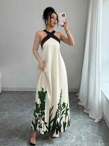 Rafferiza 女士夏季波西米亚风度假露背吊带蝴蝶结撞色喇叭下摆纯色印花图案长裙 - 墨綠色 - 查看 6