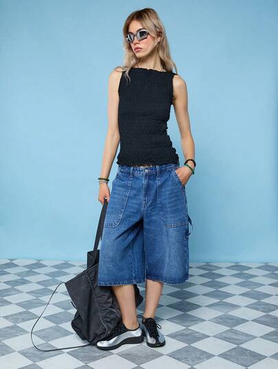 COUREZ Low Rise Oversized Regular Carpenter Denim Jorts In Mid Blue Wash /Y2K Summer Clothes For Women Cute Sexy Blue Shorts Beach Outfits Holiday Outfits Swimwear Summer Vacation Going Out Outfits Women's Beachwear