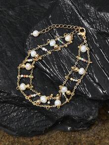 Opalesca 18k Random Color Crystal Freshwater Pearl Double Chain Bracelet,Premium/Elegant/Classy/Dailywear/Minimalist,Pearl/Crystal,For Mom/Women/Girl/Mother,Summer/Beach/Prom/Party/Holiday/Vacation,Engagement/Wedding/Promise,Bride,Heart/Floral,Fairycore/Mermaid Core - Gold - View 2