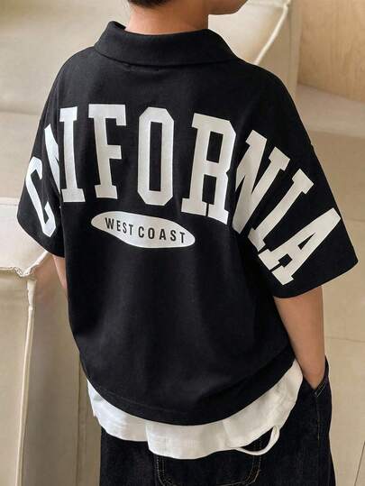 1pc Young Boys' Casual Versatile Letter Graphic Batwing Sleeve Shirt, Suitable For Spring/Summer