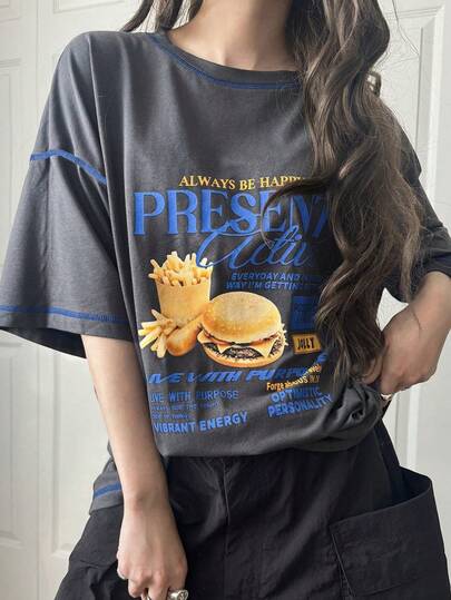 FRIFUL Women's Round Neck Decorative Seam Chest Graphic Letter Print Loose Short Sleeve T-Shirt