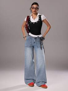 TRNVIE Fashionable Casual Retro Nostalgic Pocket Low-Waist Relaxed Fit Jeans - Medium Wash - View 6