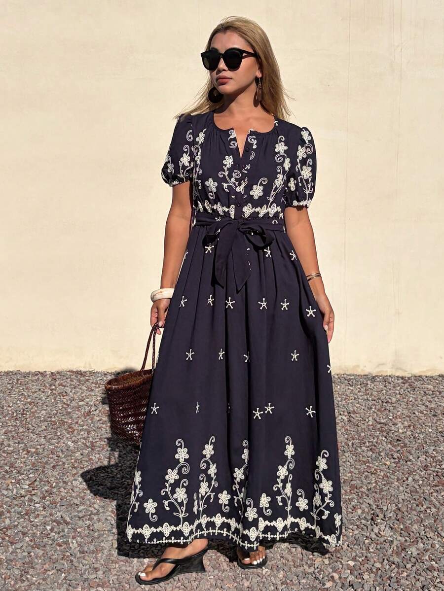DAZY Spring Round Neck Petal Sleeve Waist Embroidered Women's Mid-Length Dress - Navy Blue - View 1