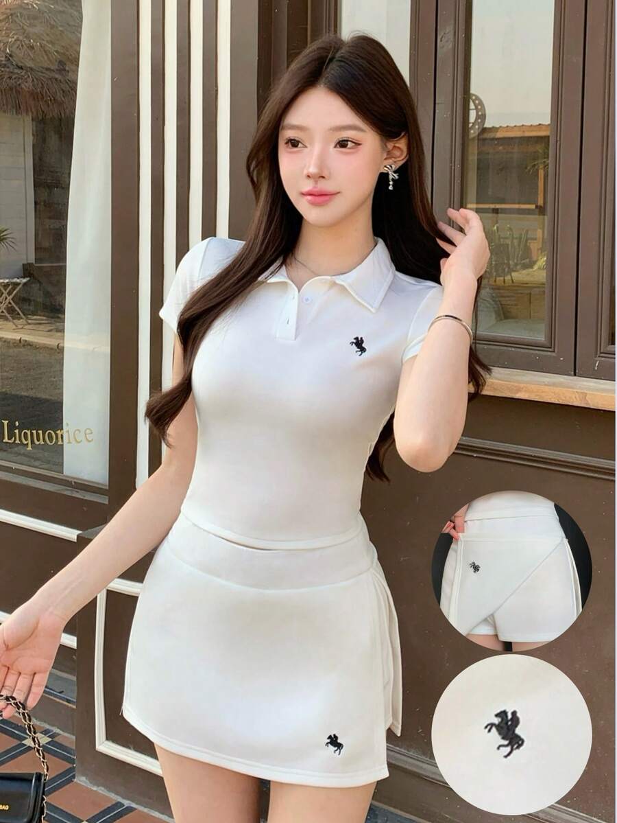 K-Vae 两件套刺绣 Polo 领修身短袖上衣和铅笔裙套装 - 白色 - 查看 1