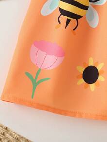 SHEIN Playful Pals 女婴服装 女婴连衣裙 全花卉图案 吊带蝴蝶结 夏季优雅清新连衣裙 - 橘色 - 查看 7