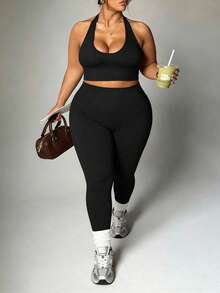 Easithlete Plus Size Women Sexy Minimalist Solid Color Backless Halter Top And High Waist Leggings Sports Suit - Black - View 7