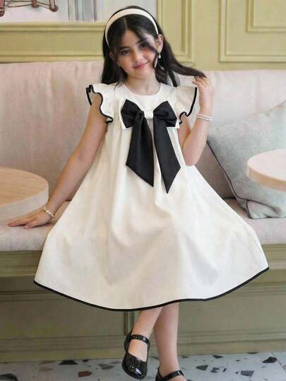 SHEIN Vestido sólido de línea A holgado con cuello de muñeca blanco, mangas de vuelo con lazo grande y cuello redondo elegante para niñas, estilo urbano elegante para ir y venir