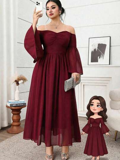 Modelyn Vestido elegante de fiesta de talla grande para mujer con hombros descubiertos y cintura fruncida de unicolor