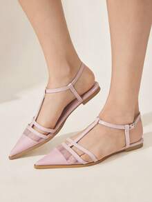 CUCCOO CHICEST Giày nữ kiểu Pháp mới, gợi cảm, chất liệu lưới, cổ thấp, đế bằng, kiểu slingback. - Màu Hồng baby - Xem 3