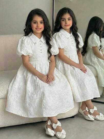 SHEIN Tween Girls' Spring/Summer Casual Elegant Floral Jacquard Bow Decor Rhinestone Collar Flare Hem Puff Sleeve Dress, White, Suitable For Valentine's Day, Wedding, Party