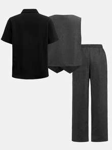 SHEIN 青少年男童休闲返校套装，纯色Polo衫搭配灰色马甲西装外套、腰带和裤子两件套，黑色衬衫，基础款上衣，黑色西装套装，灰色西装套装，黑色西装套装，适合通勤、上学、旅行、春夏、生日派对、晚宴、演出、婚礼季、圣诞节、盛会、情人节等场合。 - 彩色 - 查看 4
