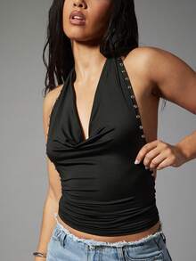 Denimoi Women's Solid Color Plunging Neck Backless Studded Decor Sexy Versatile Top For Dates & Parties - Black - View 1
