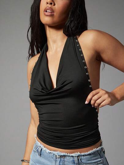 Denimoi Women's Solid Color Plunging Neck Backless Studded Decor Sexy Versatile Top For Dates & Parties