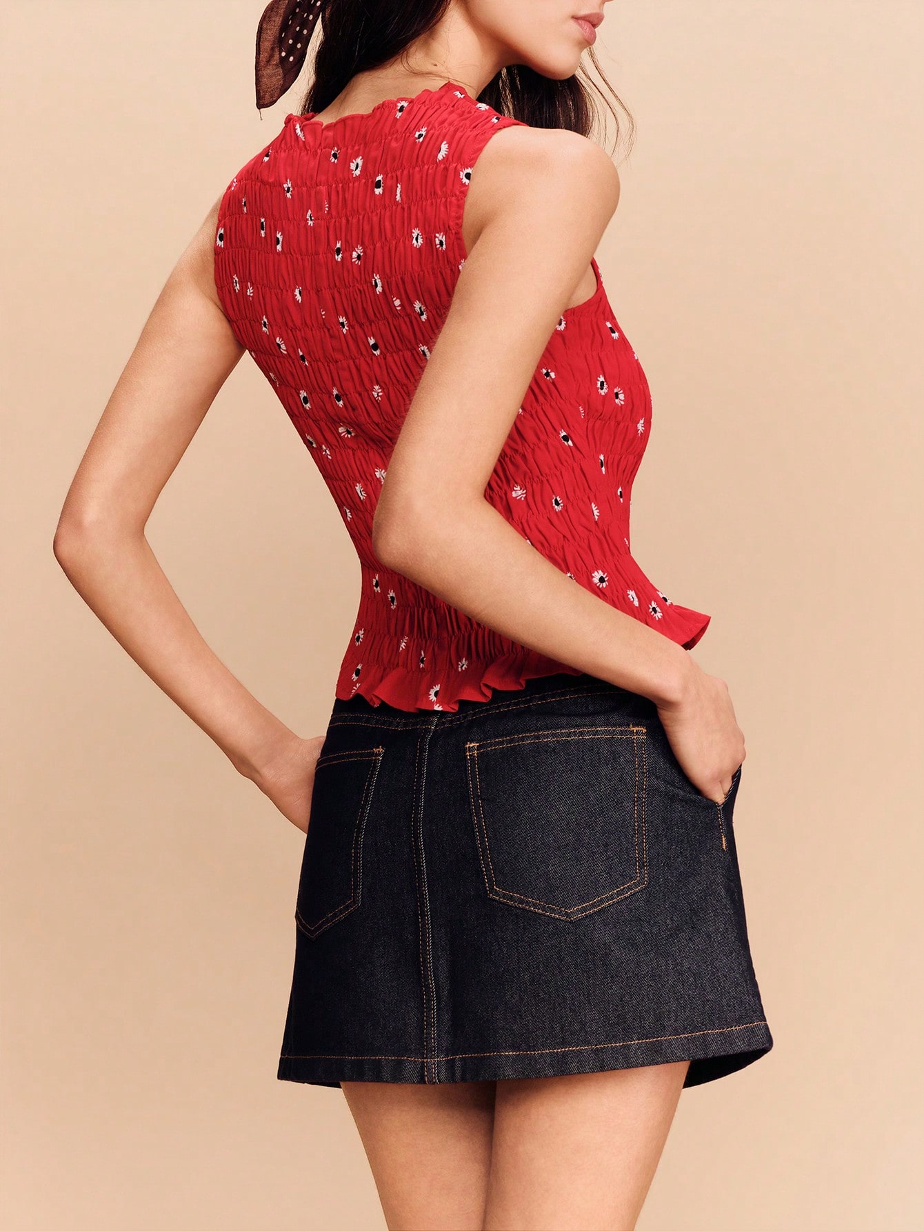 Red Print Sleeveless Ruched Top With Peplum Hem Spring Summer French Style Parisian Style Boho Vacation Going Out Resorts