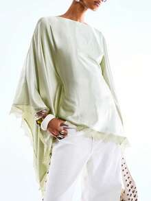 LYSMO 2026 New Arrive Minimalism Spring/Summer Women's Elegant Commuter Solid Color Lace Trim Batwing Sleeve Asymmetric Hem Blouse , Summer For Women, Spring Break , Party Top , Beach For Women , Weddings & Events , Going Out Top For Women , Graduation Ceremony, Elegant Knit Top For Ladies, Vacation Women, Holiday For Women, Casual For Women/Y2k/BOHO Top/Women's Casual Green Top - Mint Green - View 3