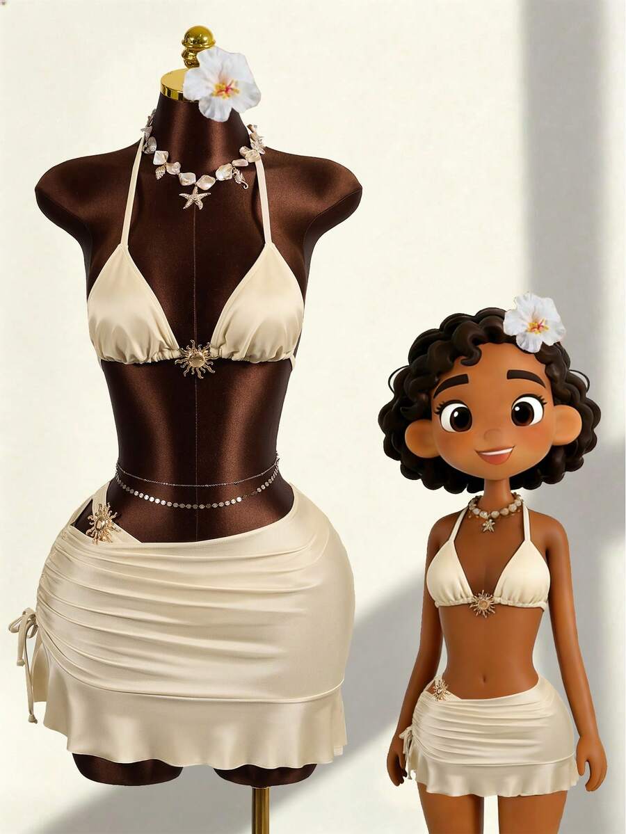 Zestiva Bộ bikini trơn màu gợi cảm dành cho nữ, đồ bơi trang trí cho kỳ nghỉ biển, đám cưới & sự kiện, bộ đồ bơi có váy, bộ đồ bơi 3 mảnh, ngày Valentine, thanh lịch, bikini màu kem. - trắng - Xem 1